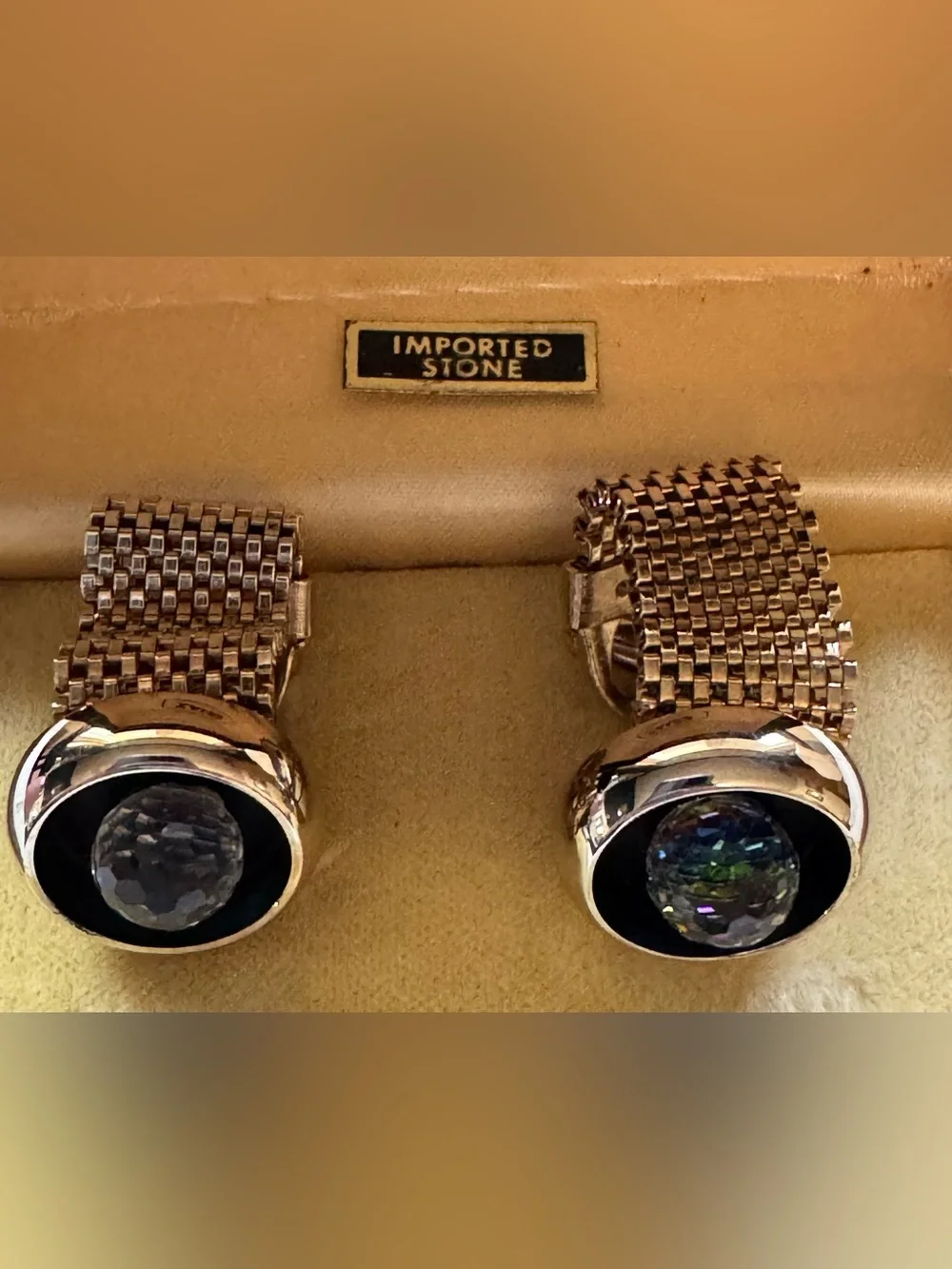 Gold Tone Mesh Cufflinks with Iridescent Prism Art glass Stones